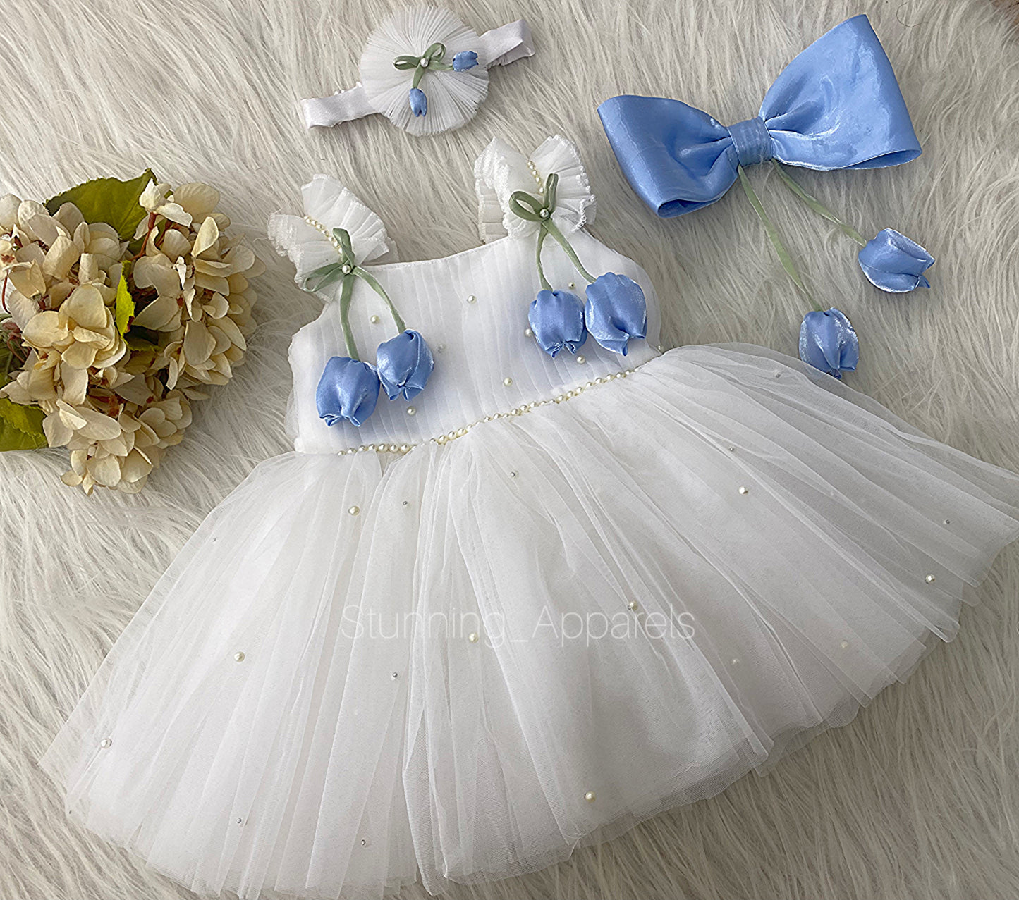Pastel Blue Tulip Flower Work Party Wear White Dress