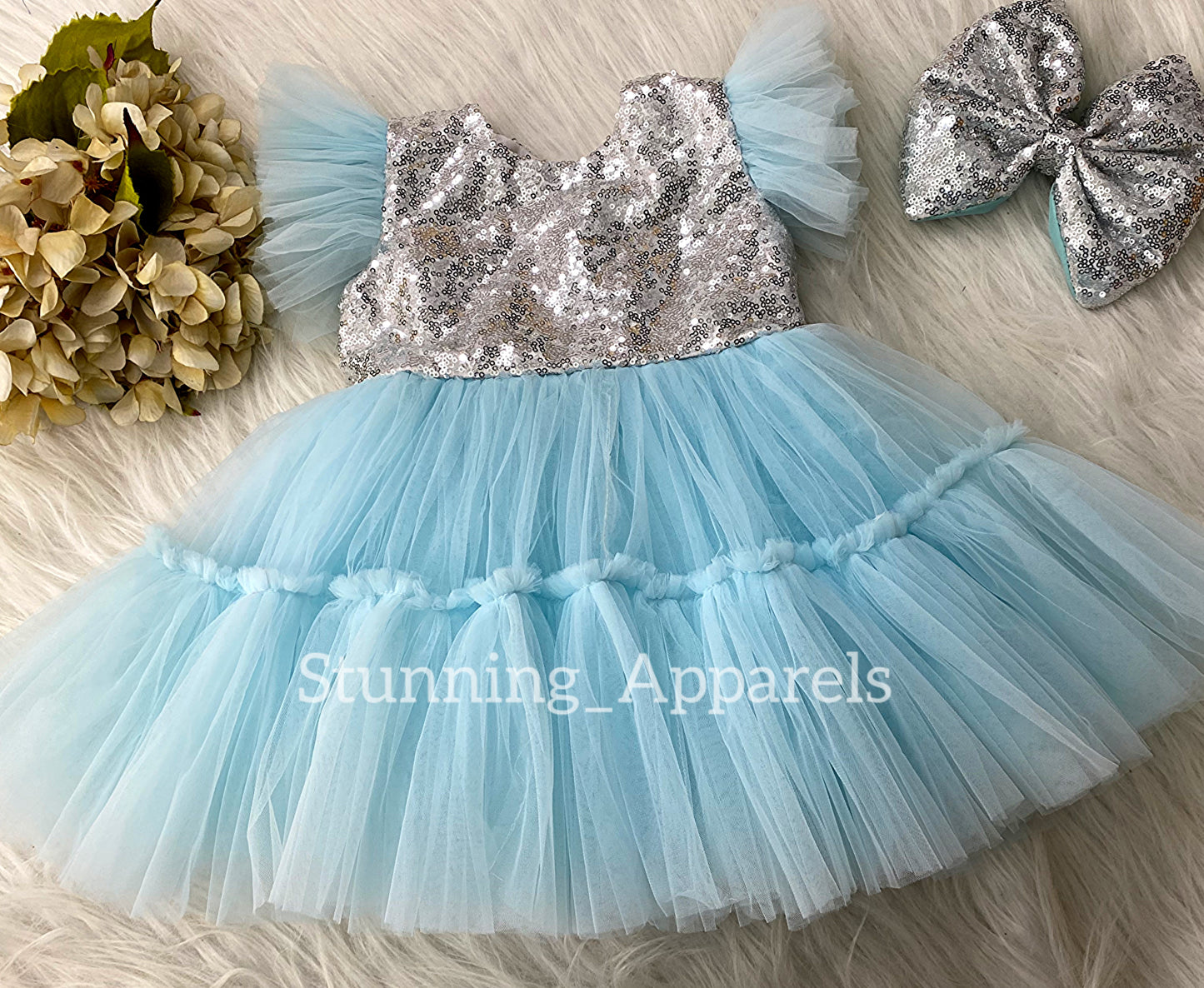 Silver Sequin Bow Sky Blue Ruffled Dress