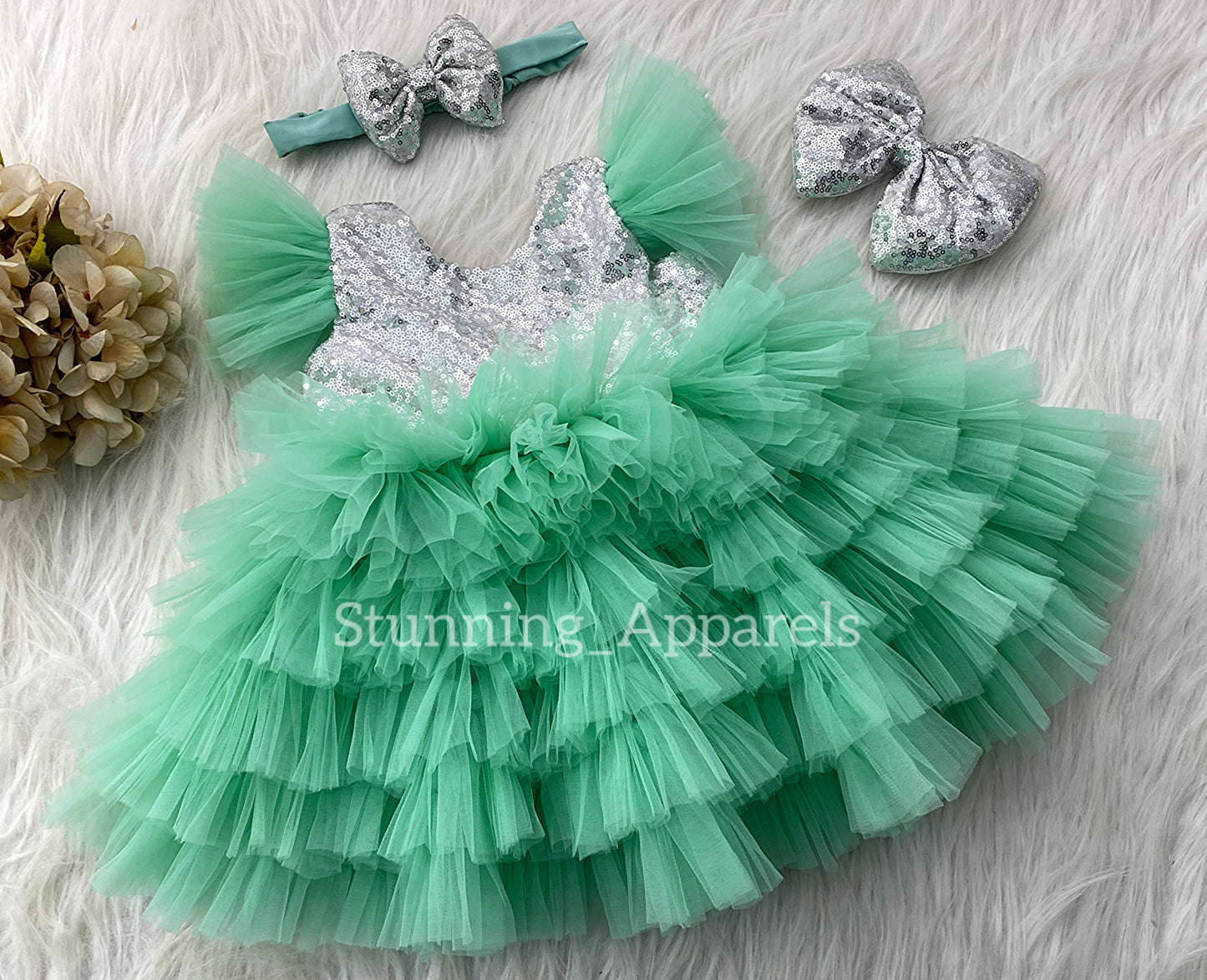 Silver Sequins Bow Stylish Layered Sea Green Frock