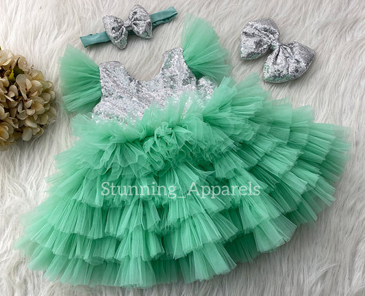 Silver Sequins Bow Stylish Layered Sea Green Frock