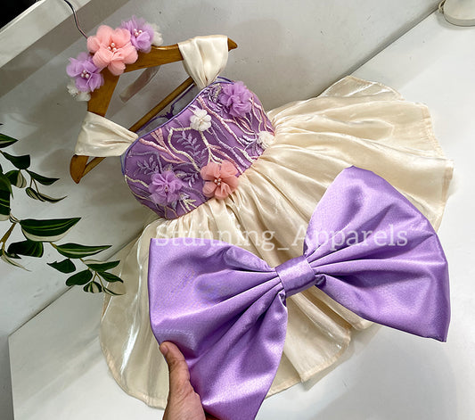 Preety Flower Work Lilac and CreamCombination Dress