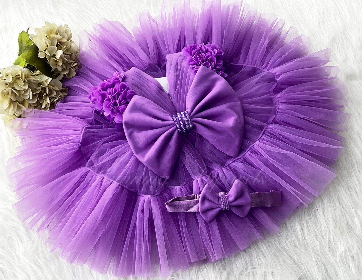 Beautiful Cape Sleeves Flower Work Ruffled Lavender Frock