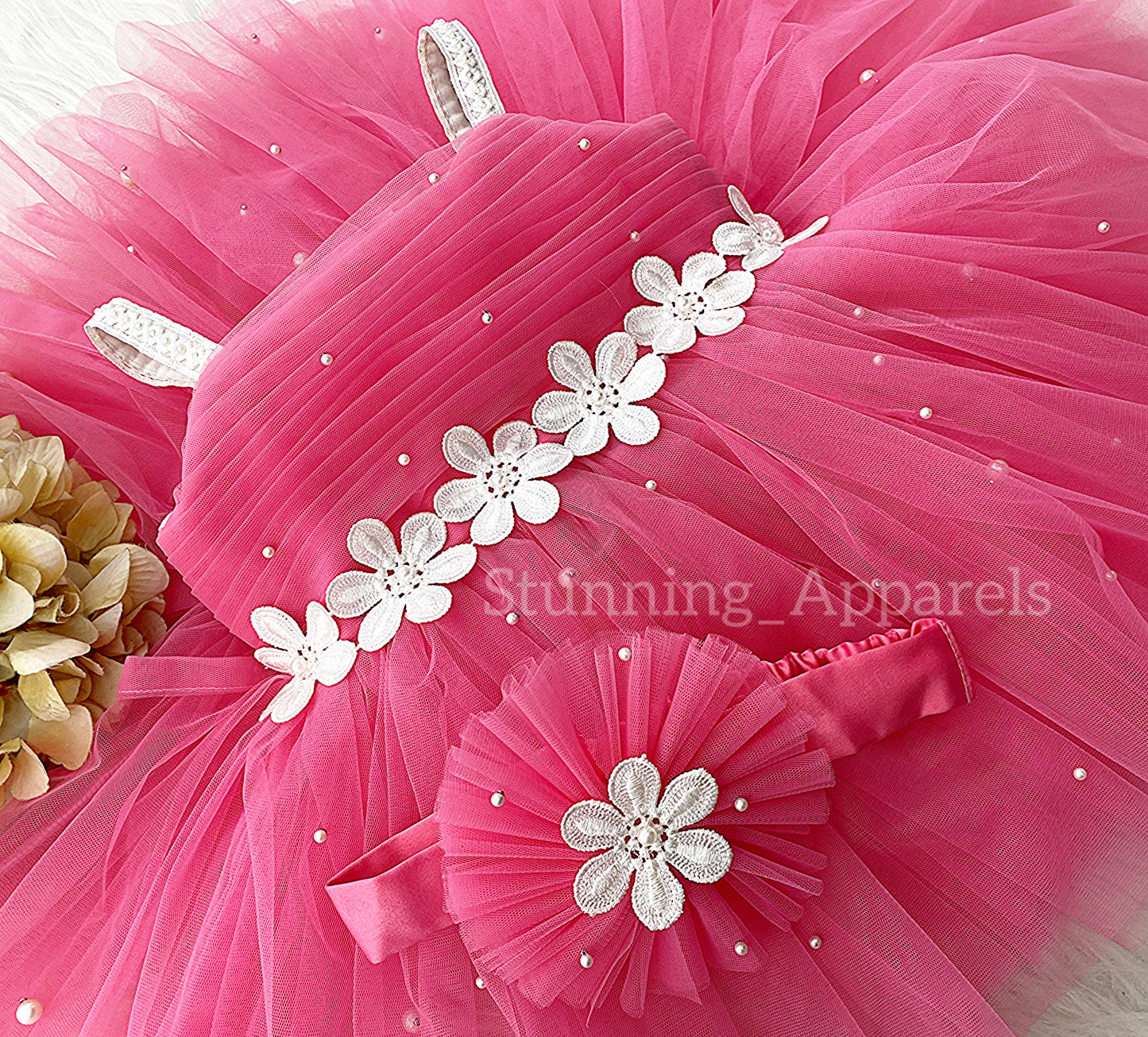 White Flower Work Party Wear Flemingo Pink Dress