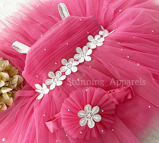 White Flower Work Party Wear Flemingo Pink Dress