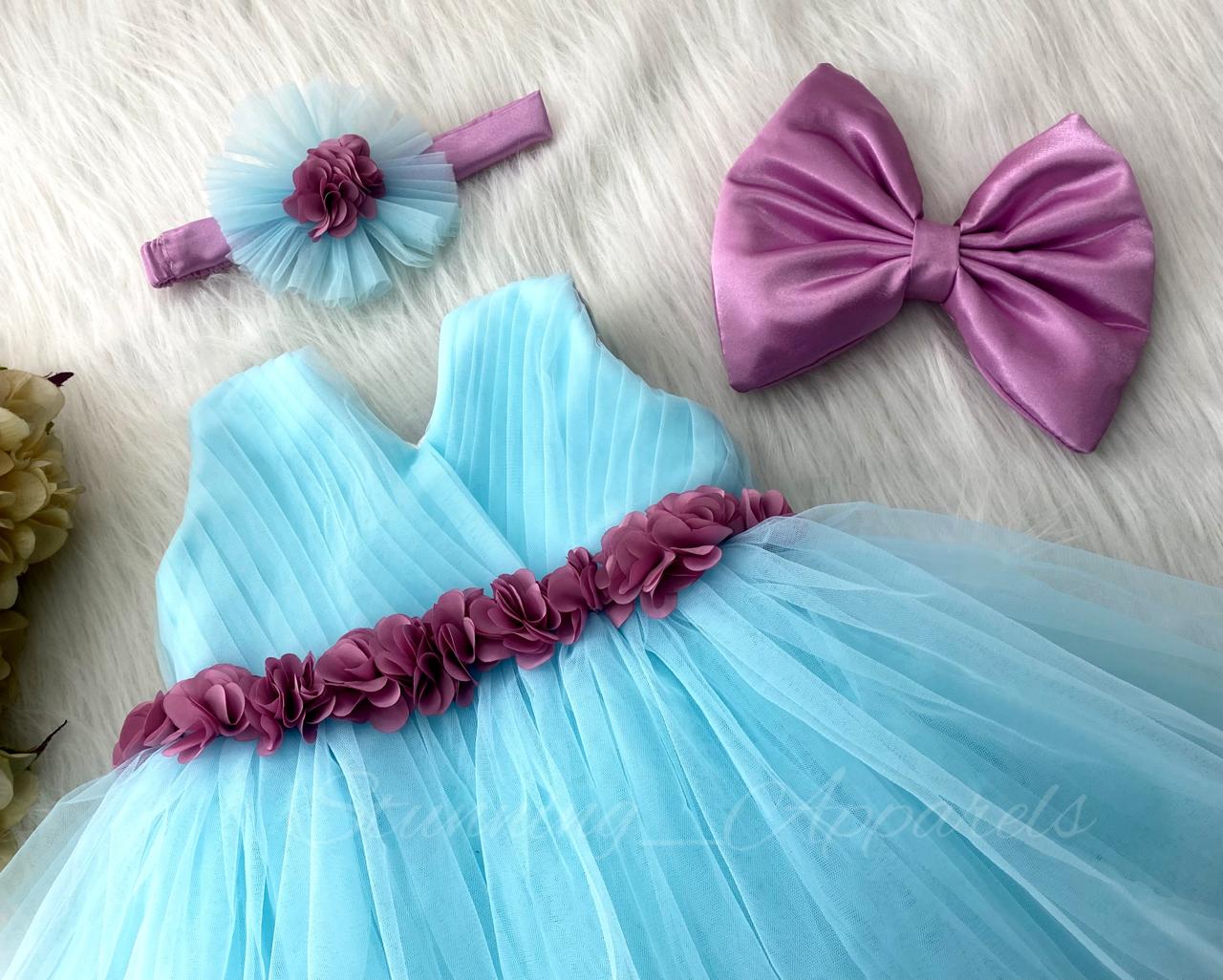 Waist Line Dusty Pink Flower Work Sky Blue Frock