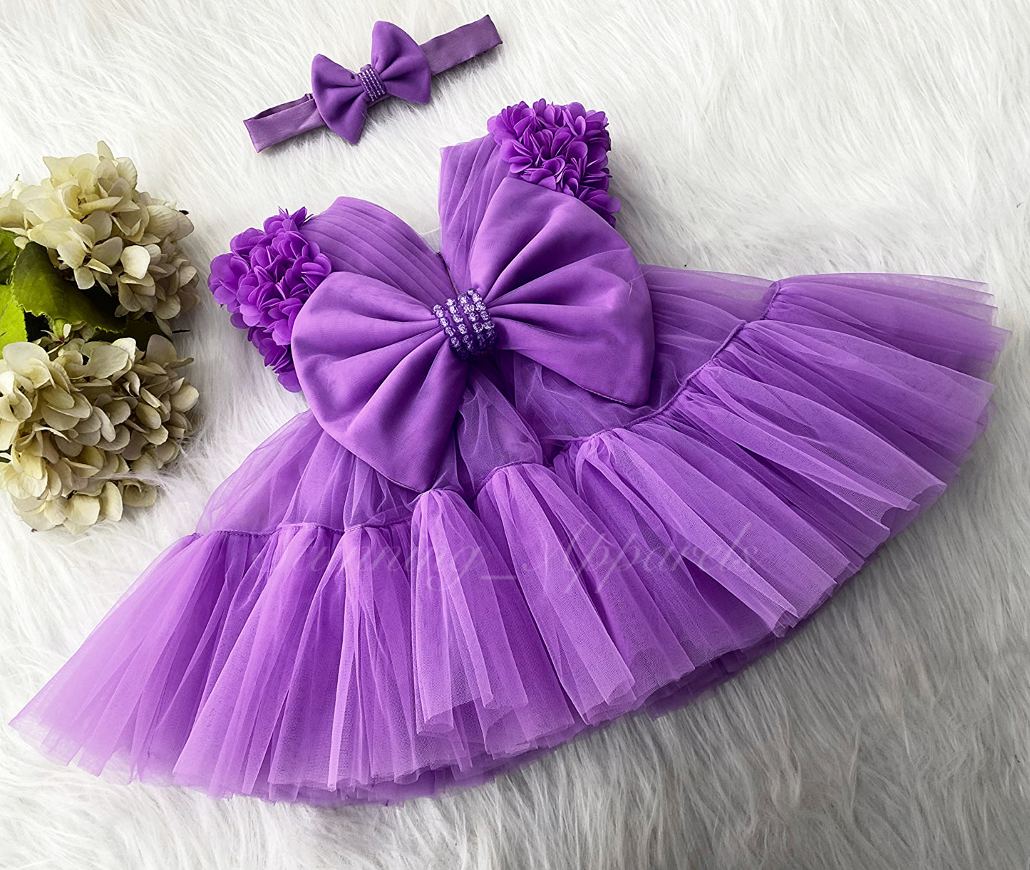 Beautiful Cape Sleeves Flower Work Ruffled Lavender Frock