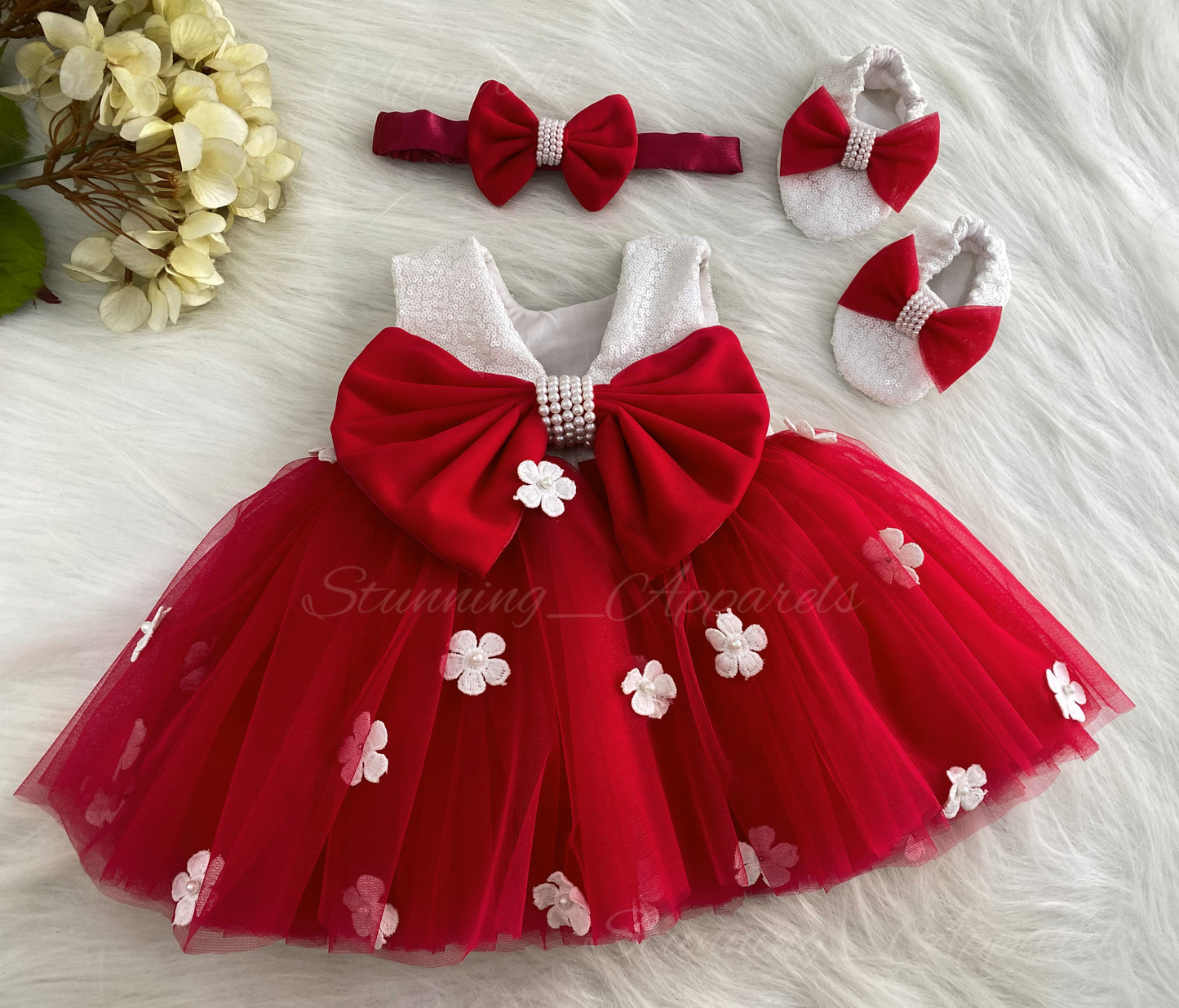 White Flower Work White Milky Sequins Red Dress