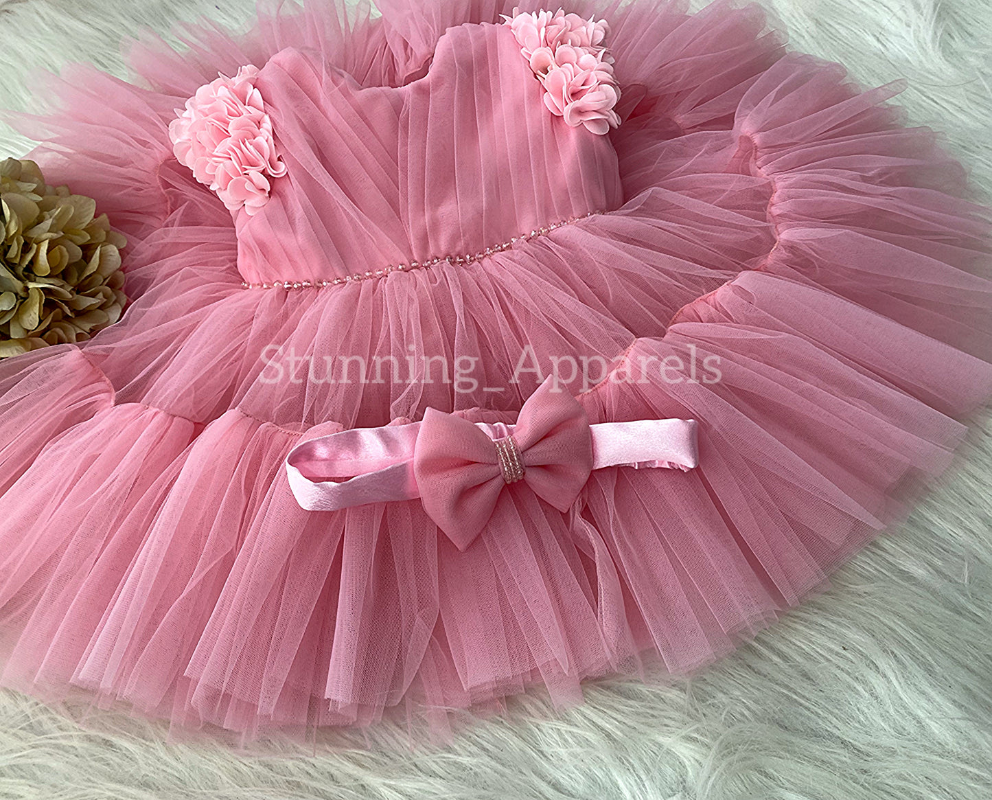Beautiful Cape Sleeves Flower Work Ruffled Peach Frock