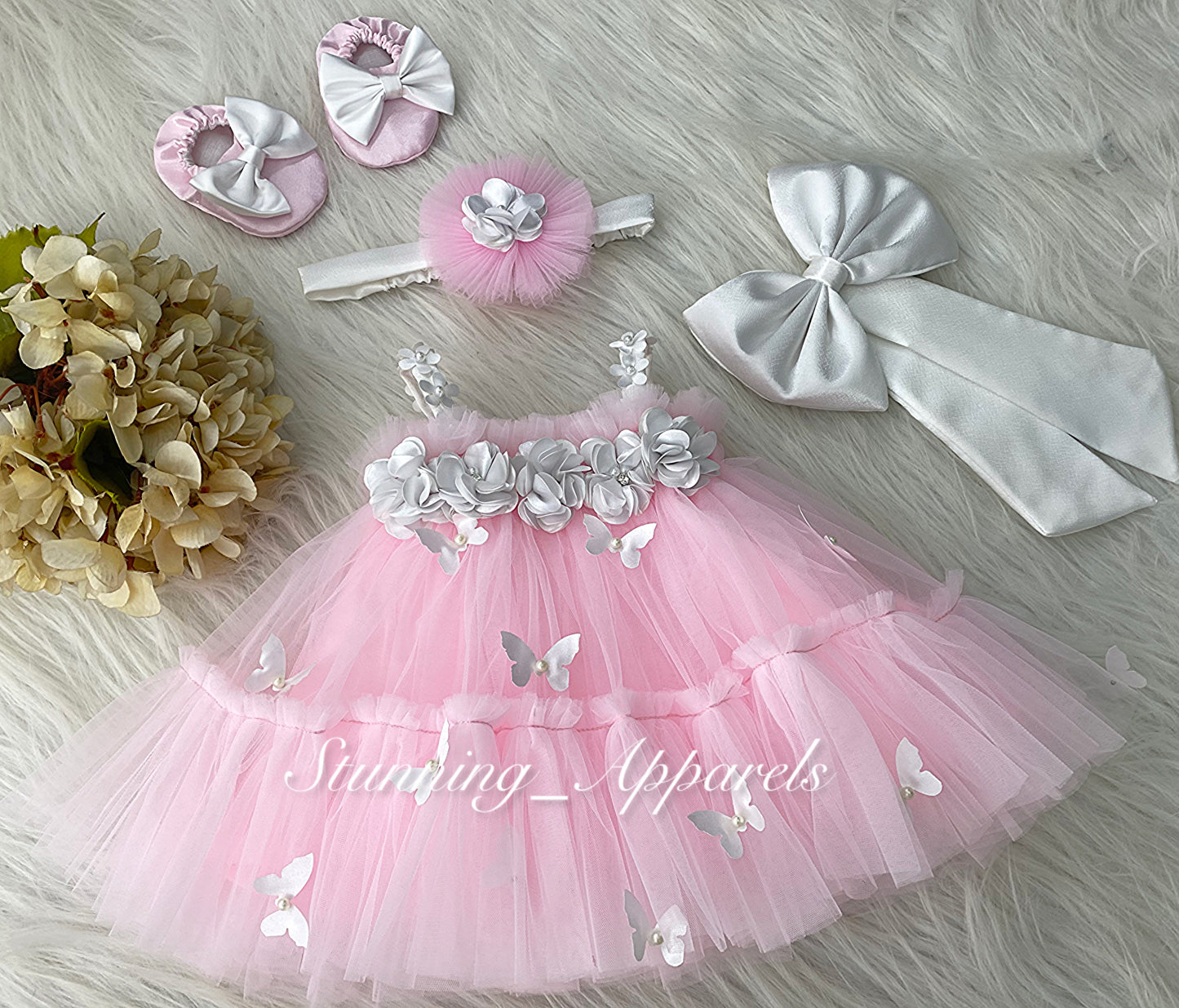 Butterfly Work Cute Party Wear Baby Pink Dress