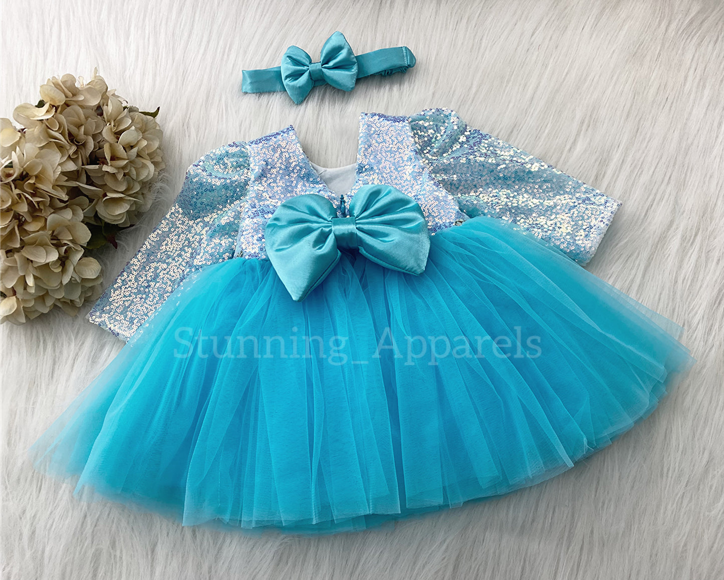 Stylish Long Sleeves Satin Bow Party Wear Sky Blue Frock