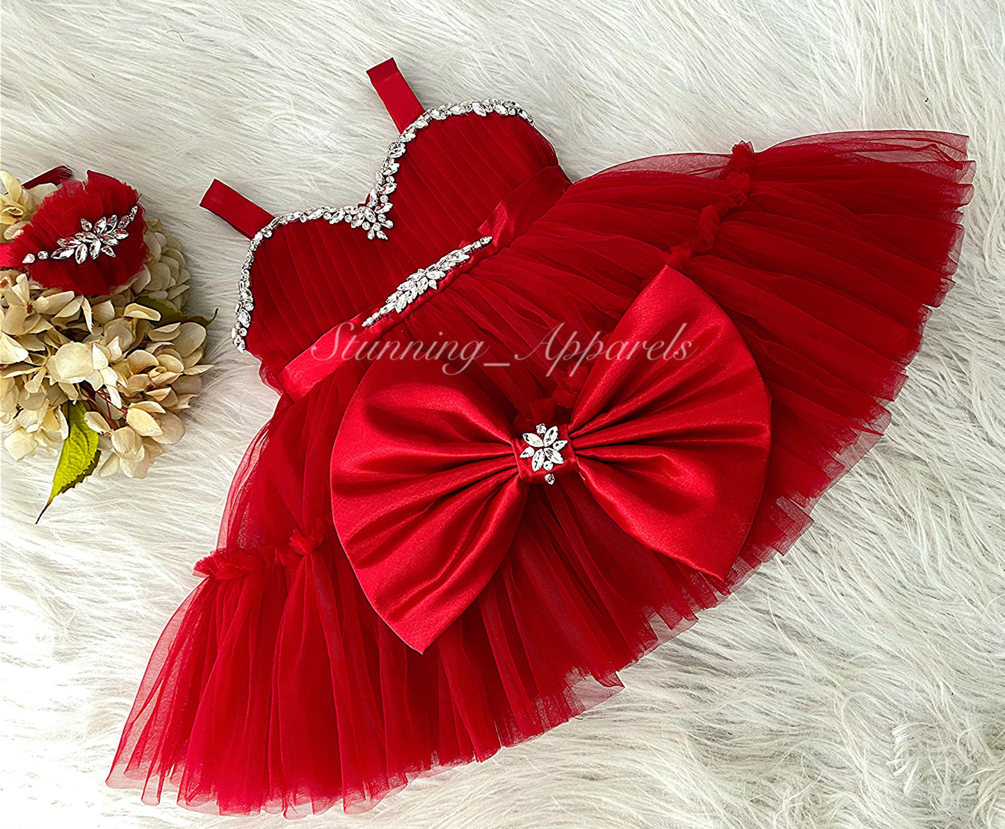 Designer Stone and Diamond Work Ruffled Red Dress