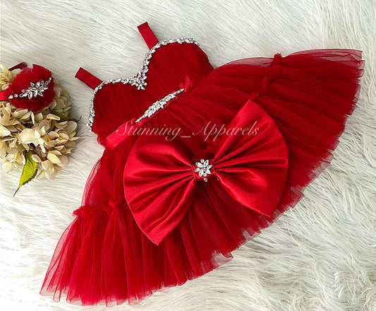 Designer Stone and Diamond Work Ruffled Red Dress