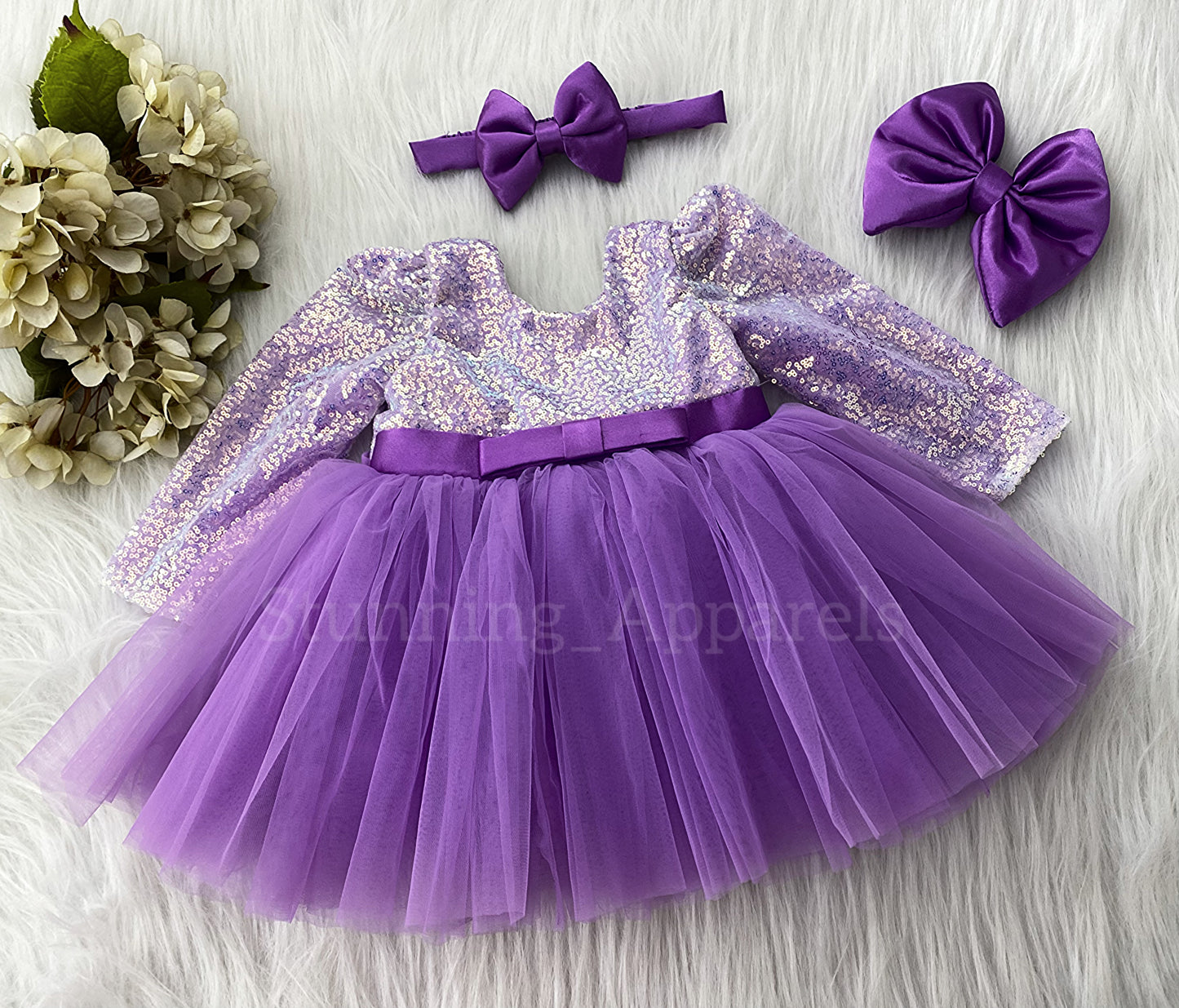 Stylish Long Sleeves Satin Bow Party Wear Lavender Frock