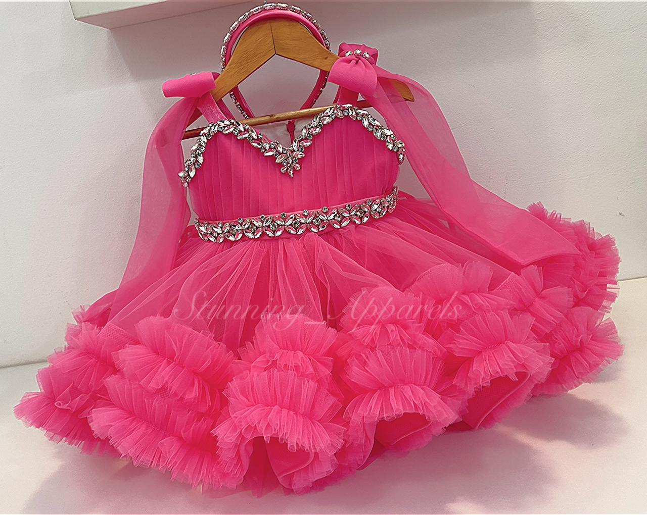 Designer Premium Hand Work Flamingo Pink Dress