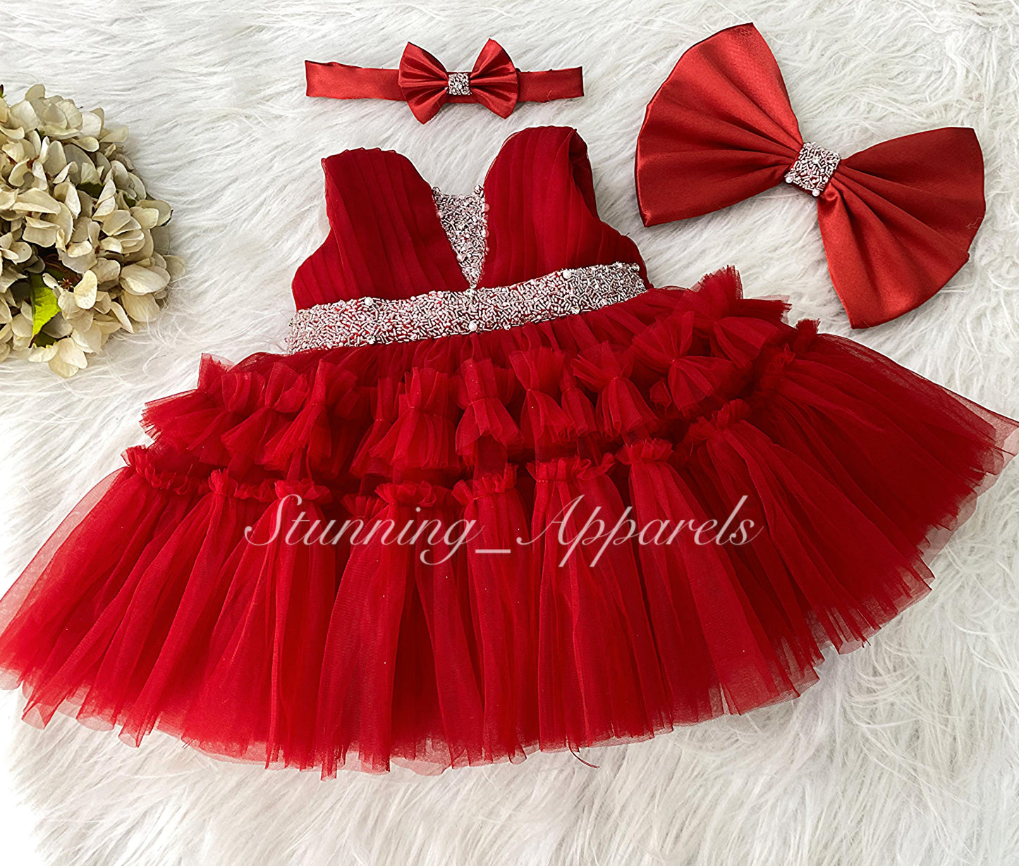 Designer Hand Wear Ruffled Party Wear Red Dress