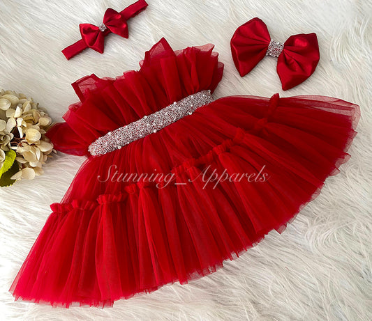 Designer belted Hand Wear Ruffled Party Wear Red Dress