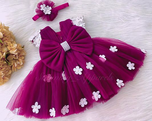 Cute White Flower Work Cape Sleeves Deep Magenta Pink Frock
