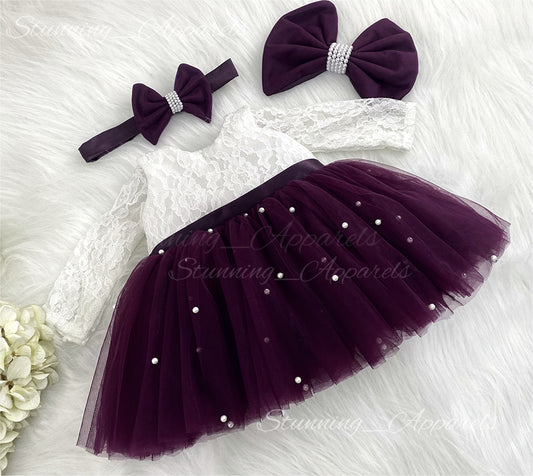 Long Sleeves White Pearls Work Cape Sleeves Wine Frock