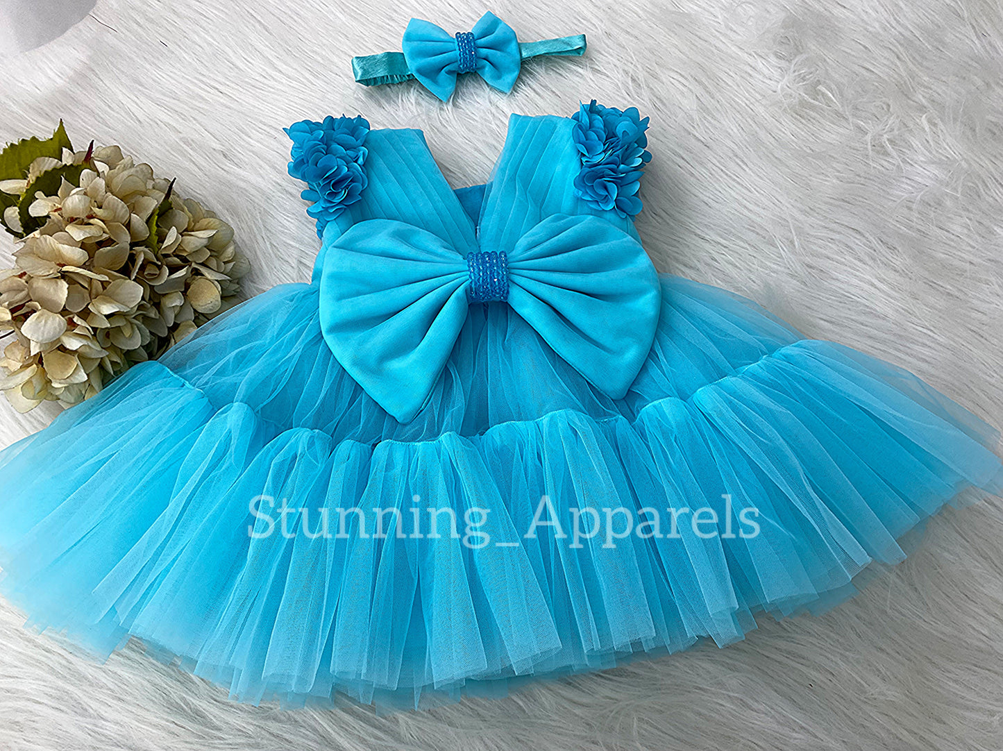 Beautiful Cape Sleeves Flower Work Ruffled Dark Sky Blue Frock