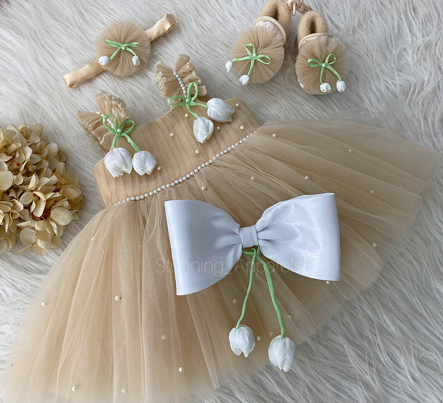 White Tulip Flower Work Party Wear Beige Colour Dress