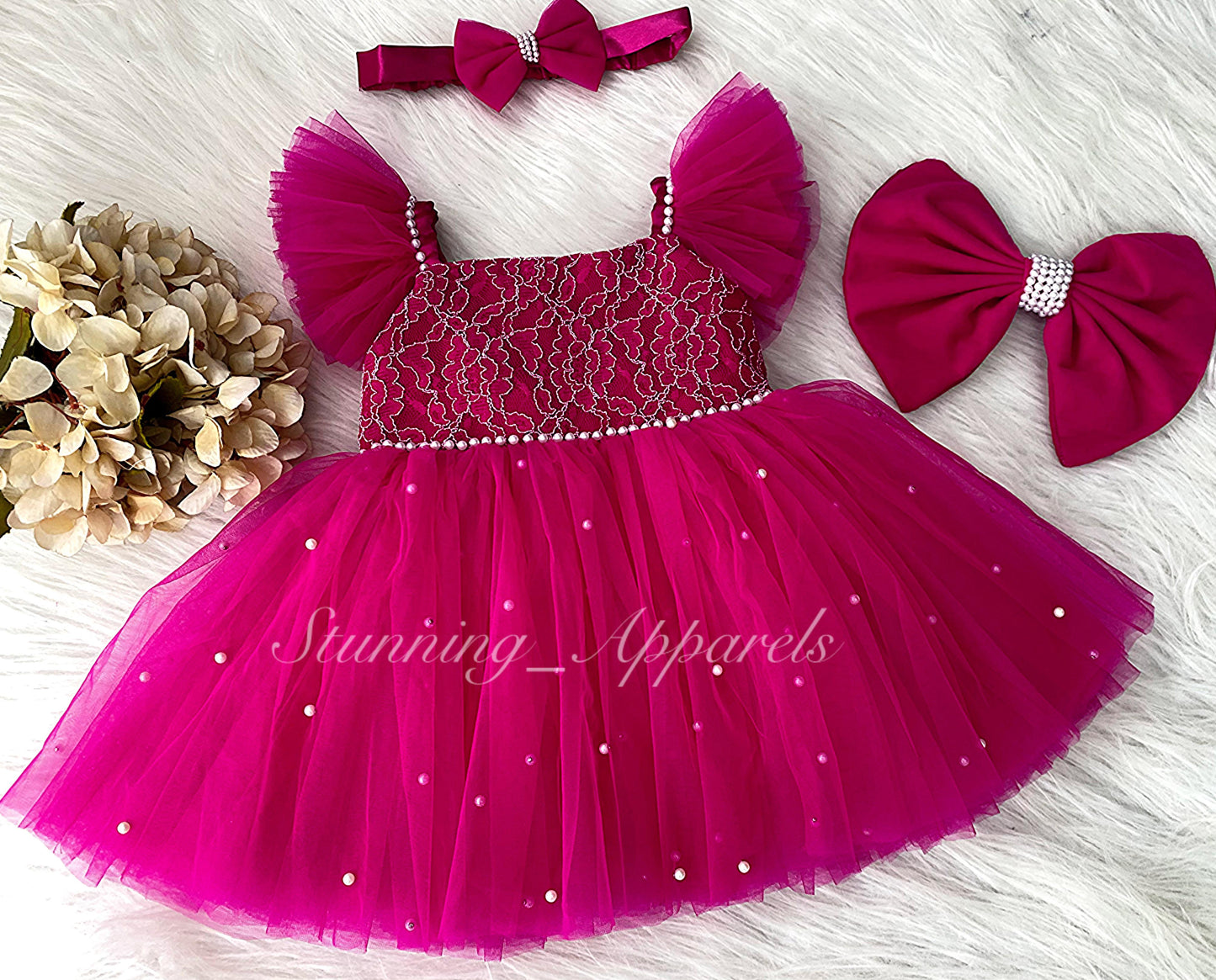 White Pearls Work Strapped Sleeves Magenta  Pink Dress