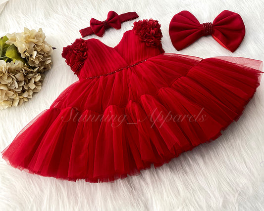 Beautiful  Cape Sleeves Flower Work Ruffled Red Frock