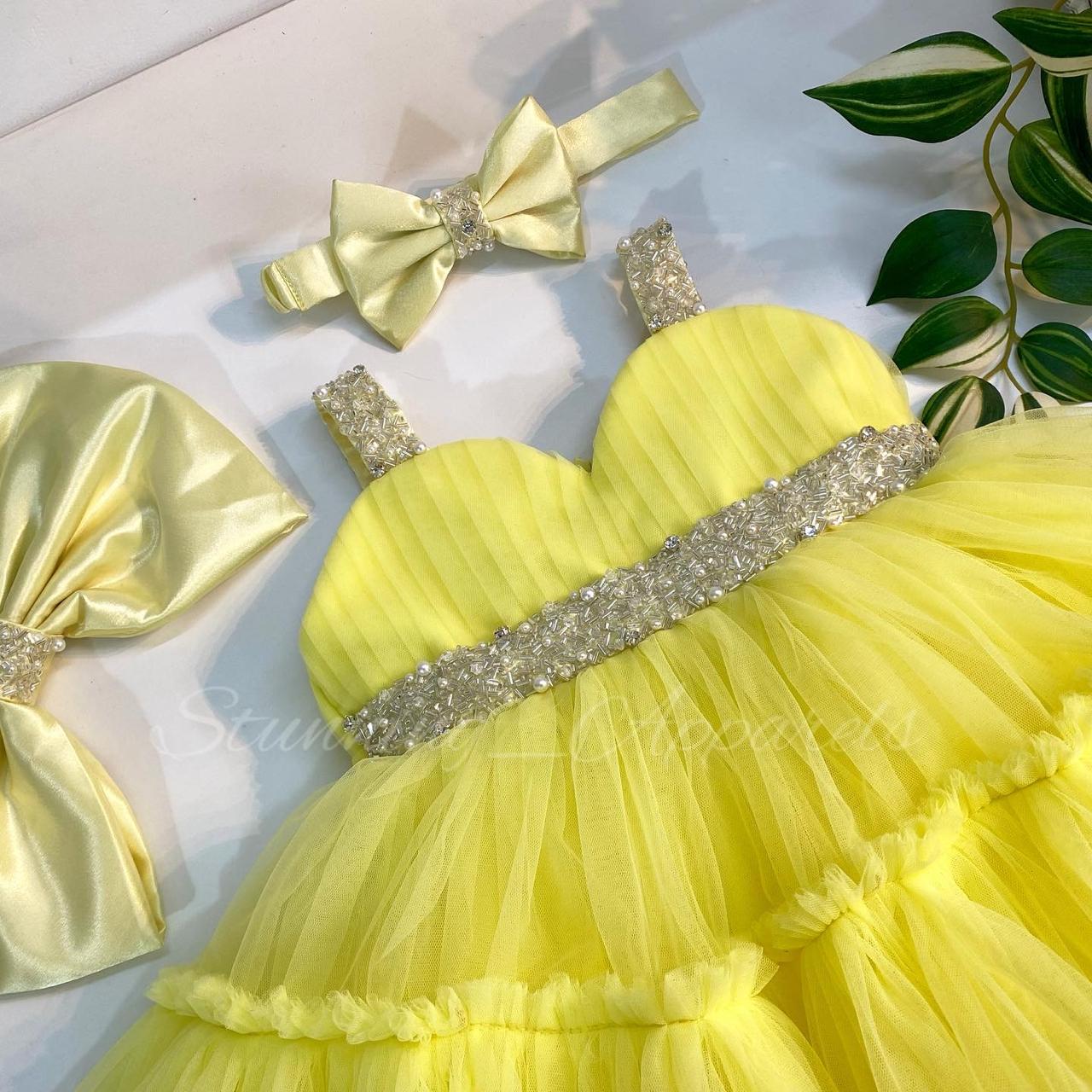 Designer Sweetheart Neckline Hand Work Yellow Frock