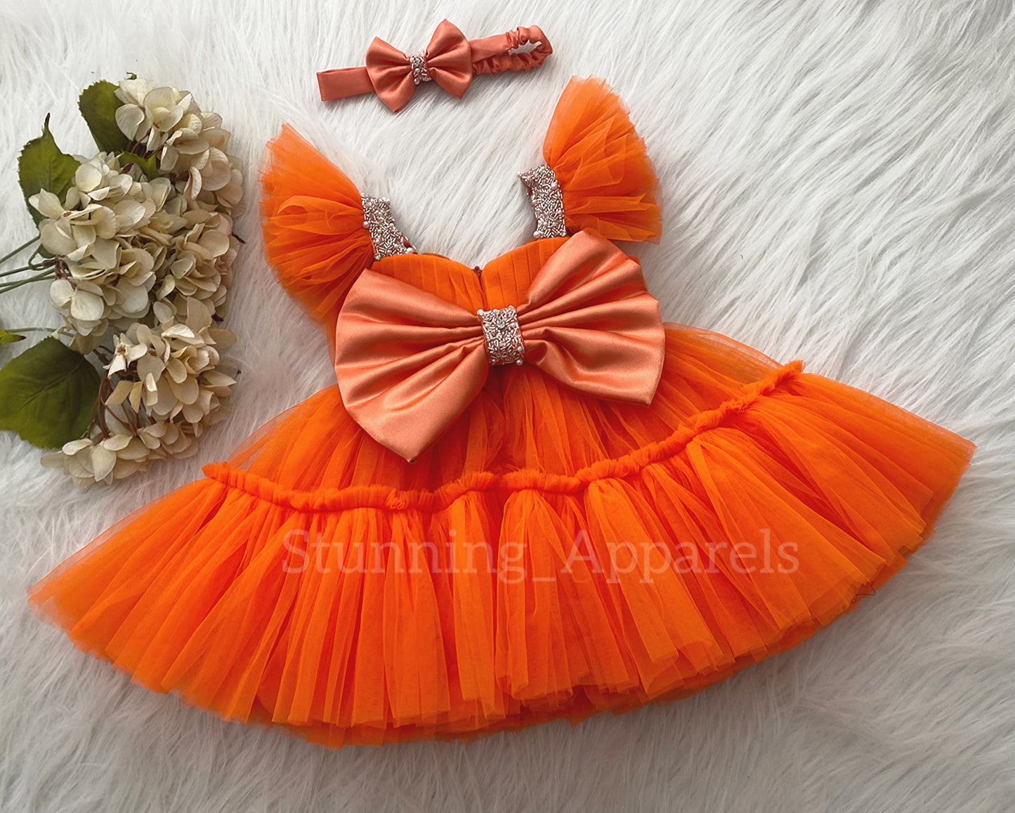 Designer Sweetheart Neckline Hand Work Orange Frock