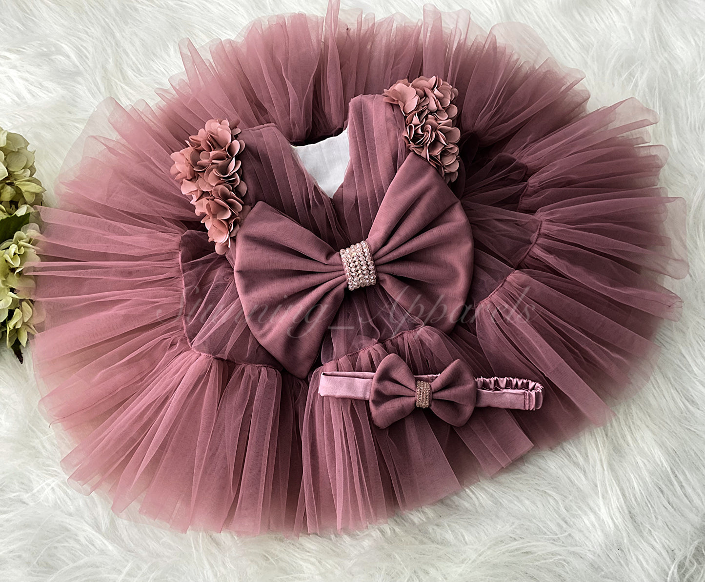 Beautiful Cape Sleeves Flower Work Ruffled Brown Frock
