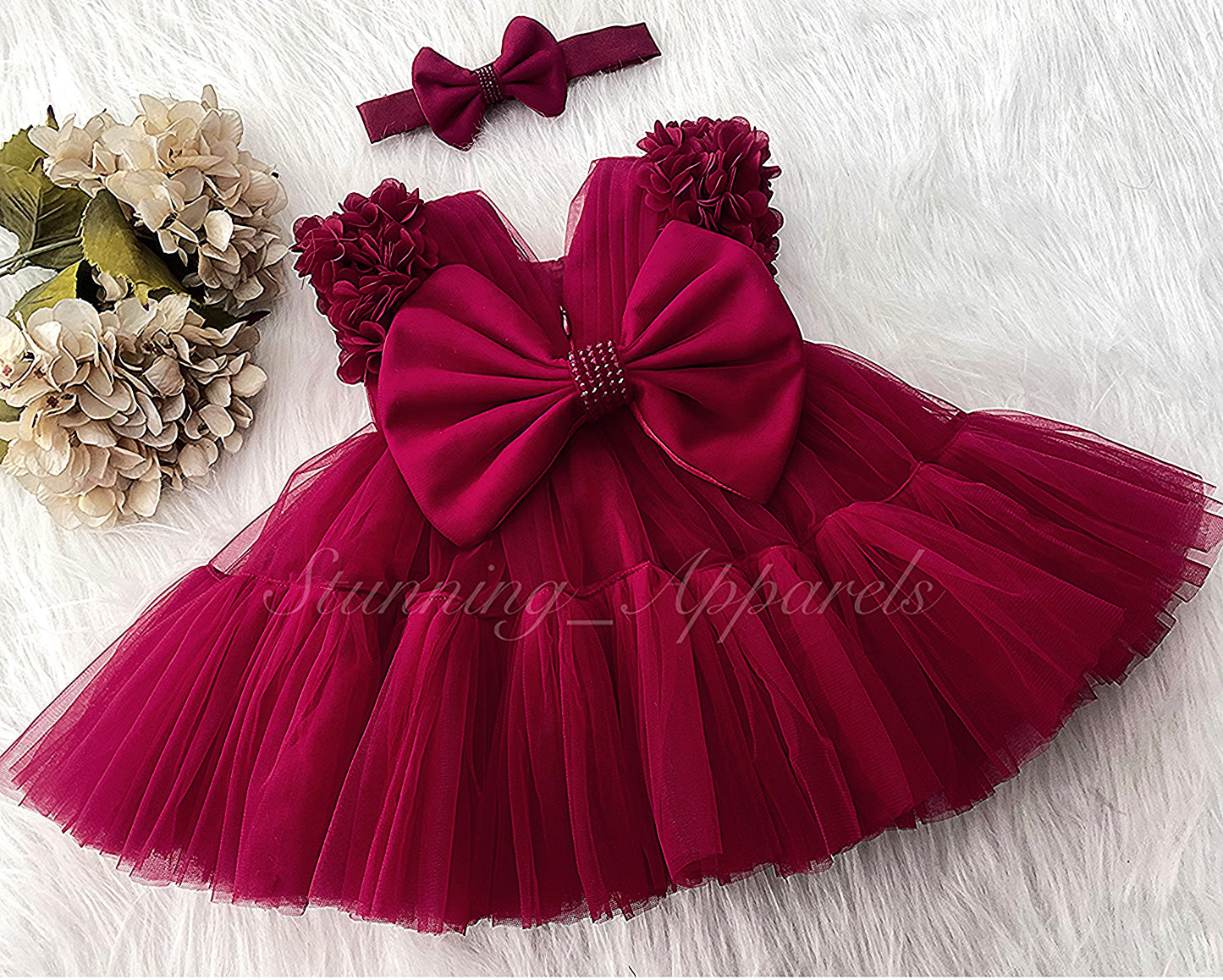 Beautiful Cape Sleeves Flower Work Ruffled Ruby Red Frock