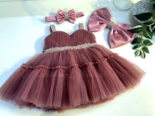 Designer Sweetheart Neckline Hand Work Mustard Brown Pink Frock