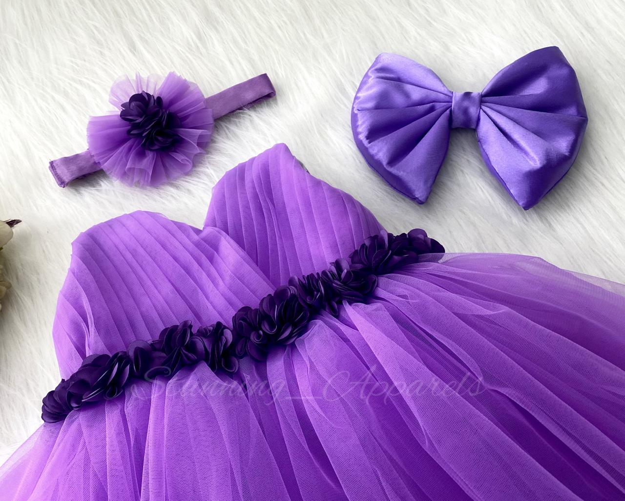Waist Line Dark Lavender Flower Work Lavender Frock