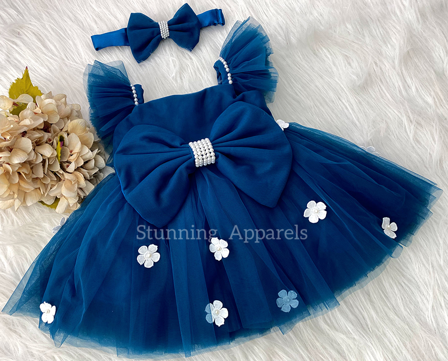 White Flower Work Strapped Sleeves Teal Blue Frock