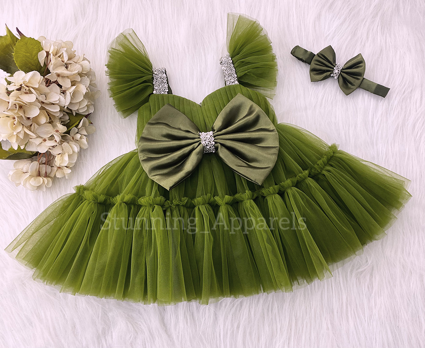 Designer Sweetheart Neckline Hand Work Olive Green Frock