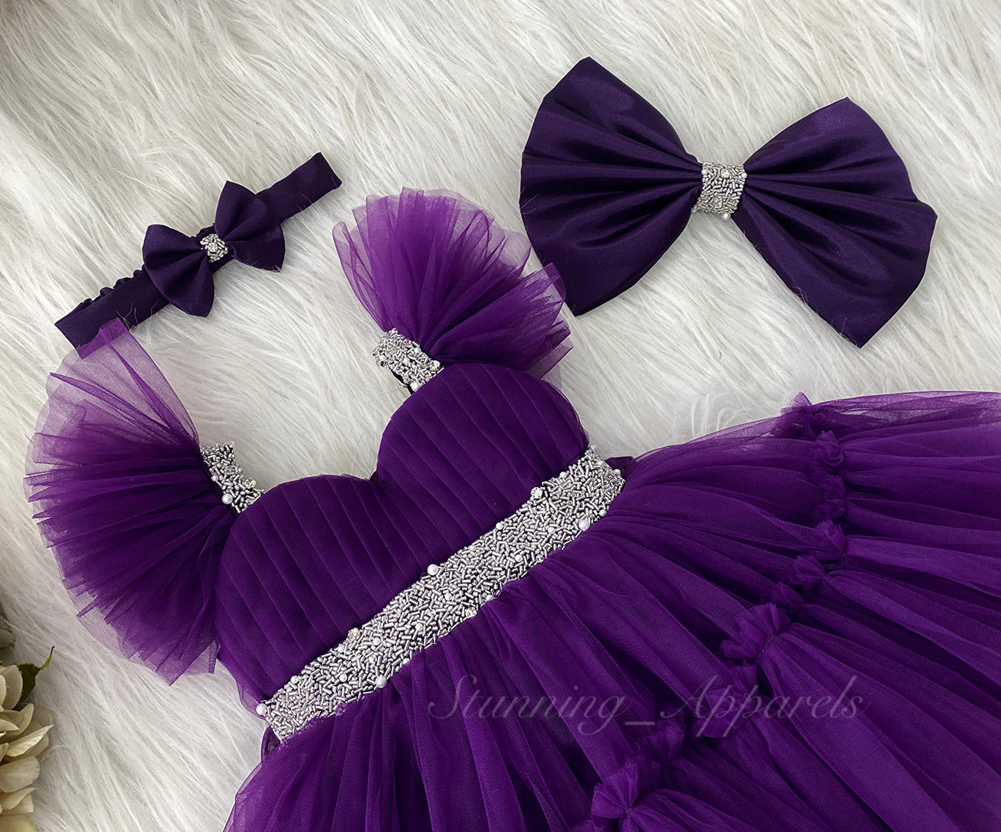 Designer Sweetheart Ruffled Sleeves Neckline Hand Work Purple Pink Frock