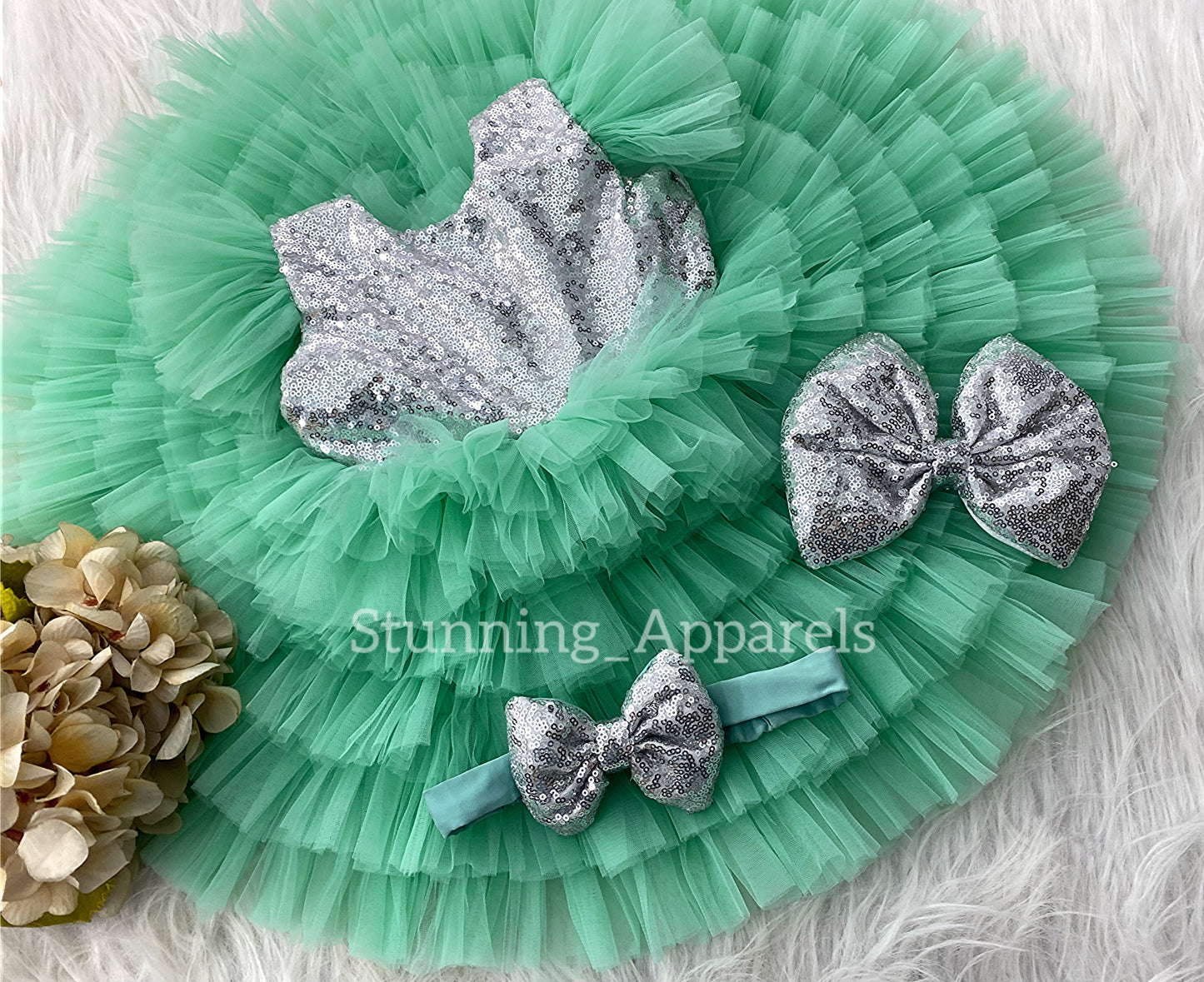 Silver Sequins Bow Stylish Layered Sea Green Frock