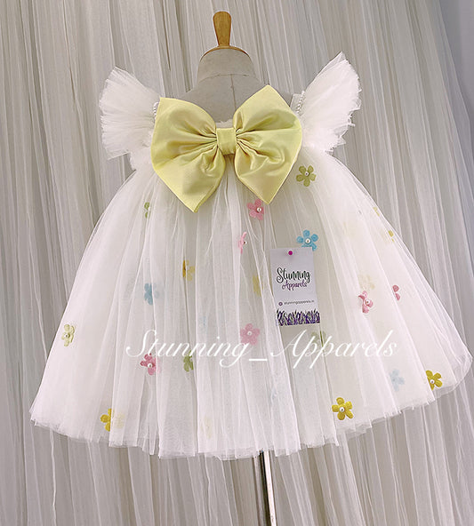 Multi Colour Flower Work, Yellow Satin Bow White Umbrella Dress