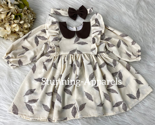 Stylish Long Ruffled Sleeves Printed Cream Dress