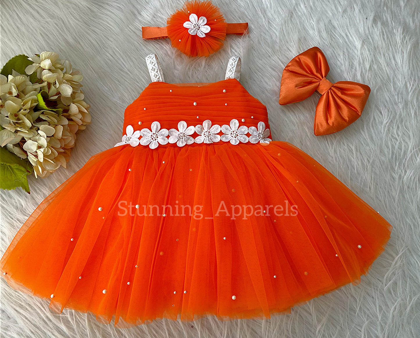 Waistline White Flower Work Party Wear Orange Dress