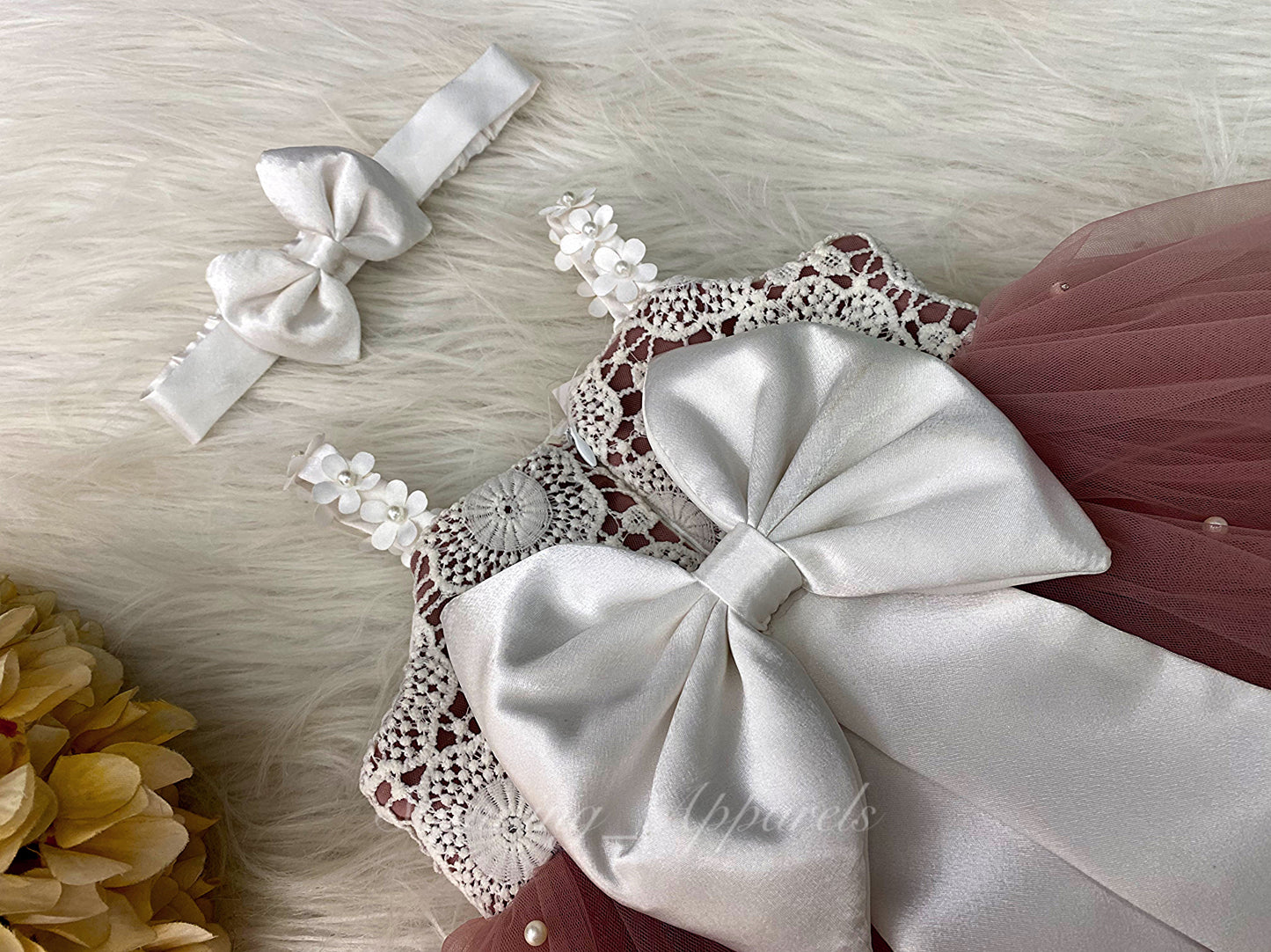 Cute White Flower Strapped Mustard Brown Dress