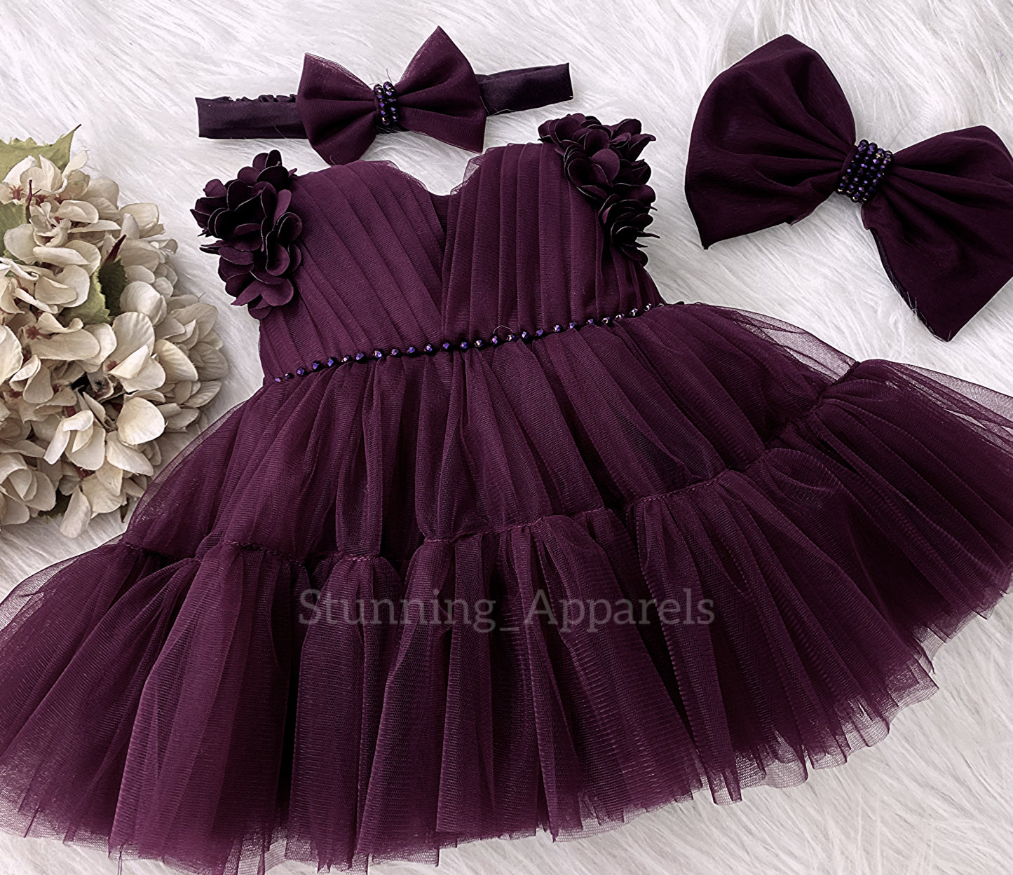 Beautiful Cape Sleeves Flower Work Ruffled Wine Frock