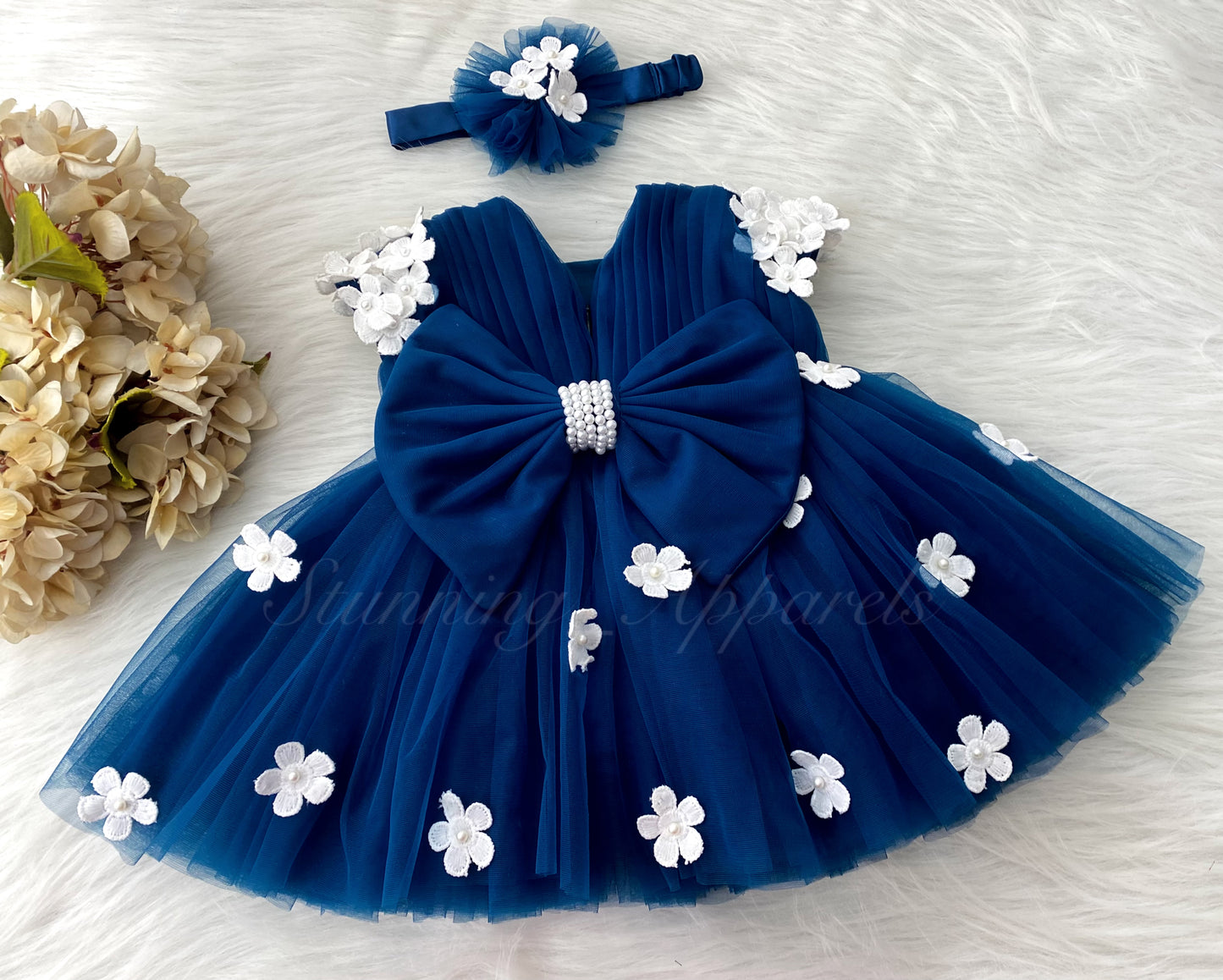 Cute White Flower Work Cape Sleeves Teal Blue Frock