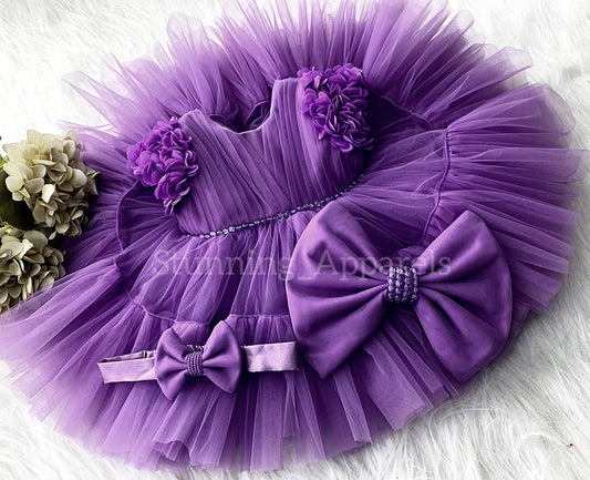 Beautiful Cape Sleeves Flower Work Ruffled Dark Lavender Frock