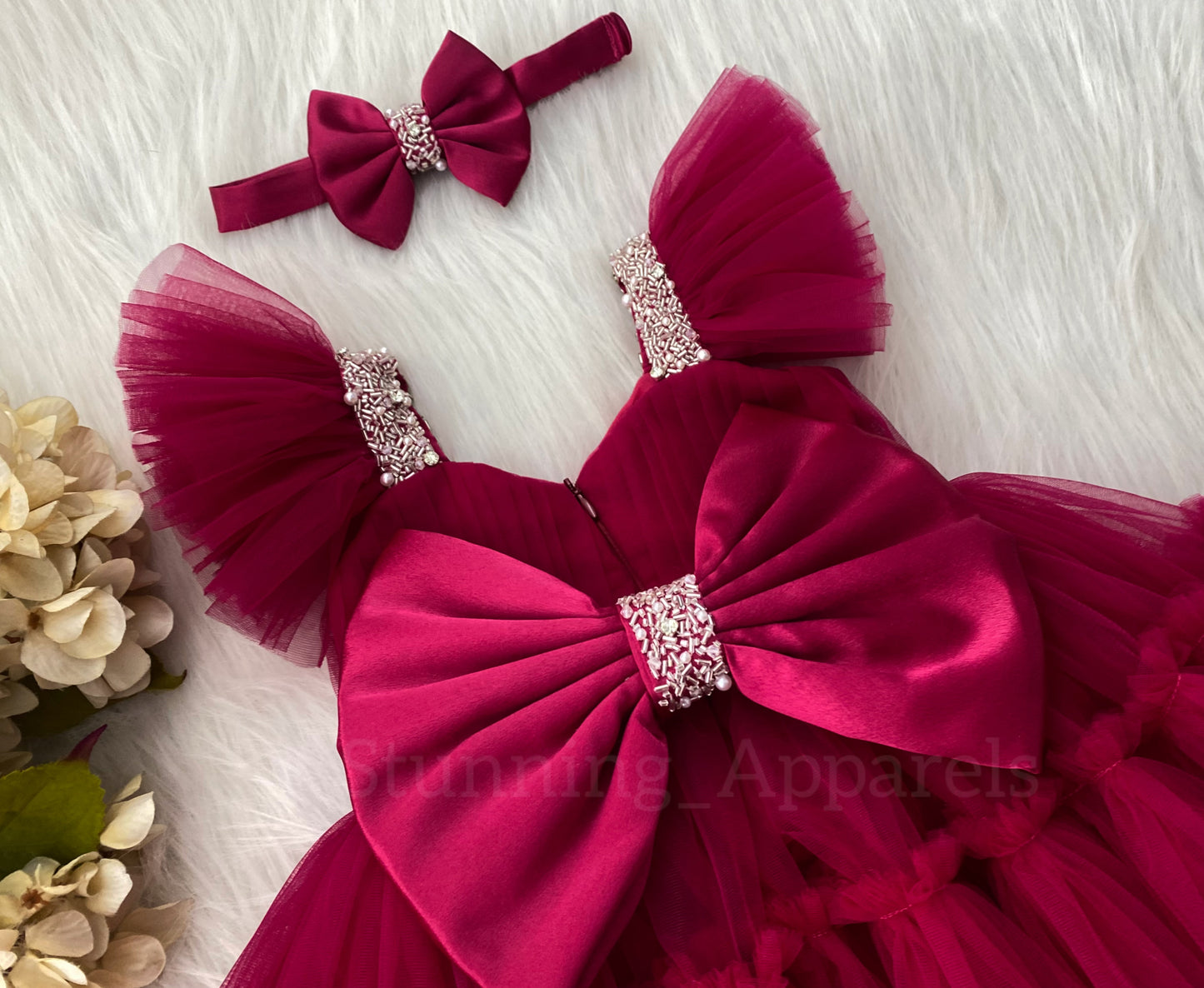 Designer Sweetheart Neckline Hand Work Dark Magenta Frock