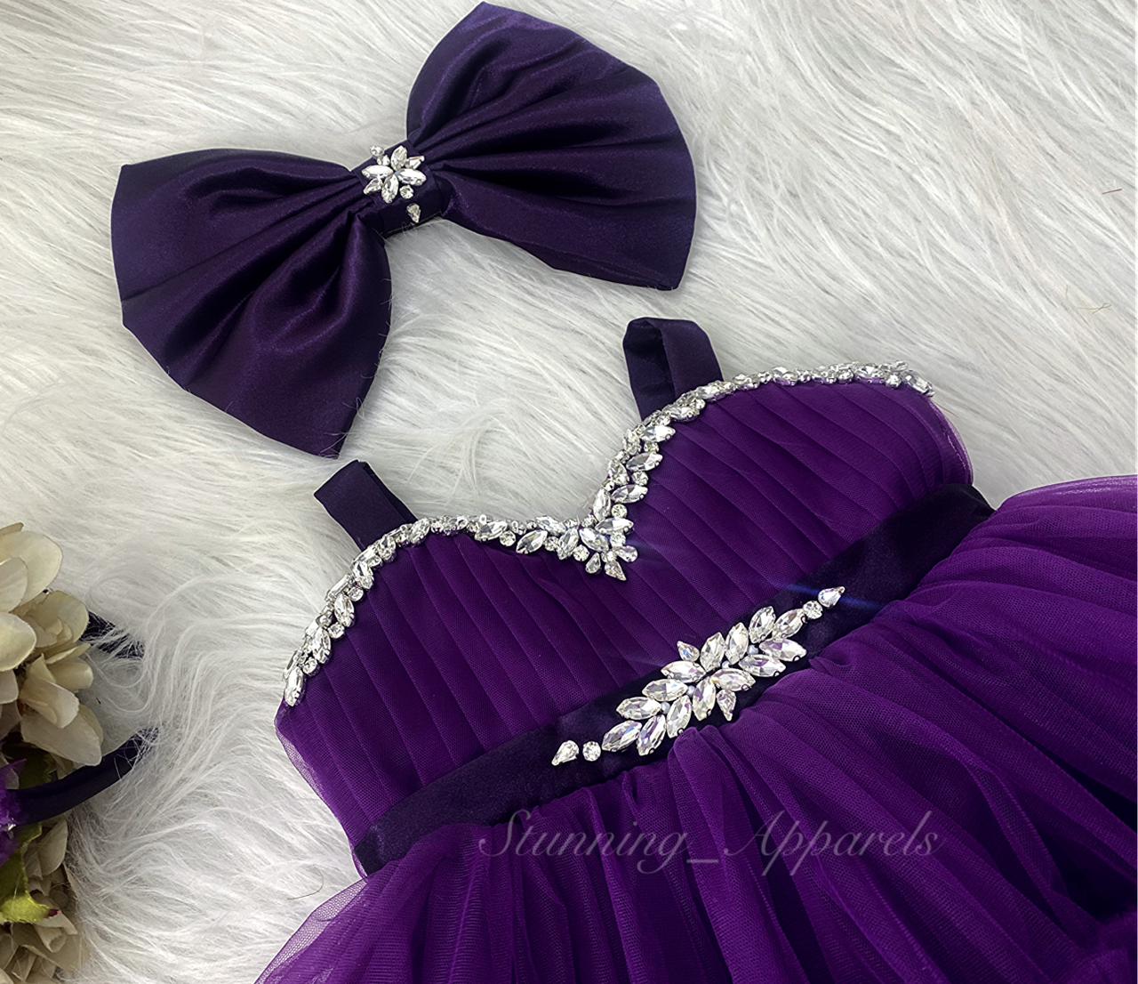 Designer Stone and Diamond Work Ruffled Purple Dress