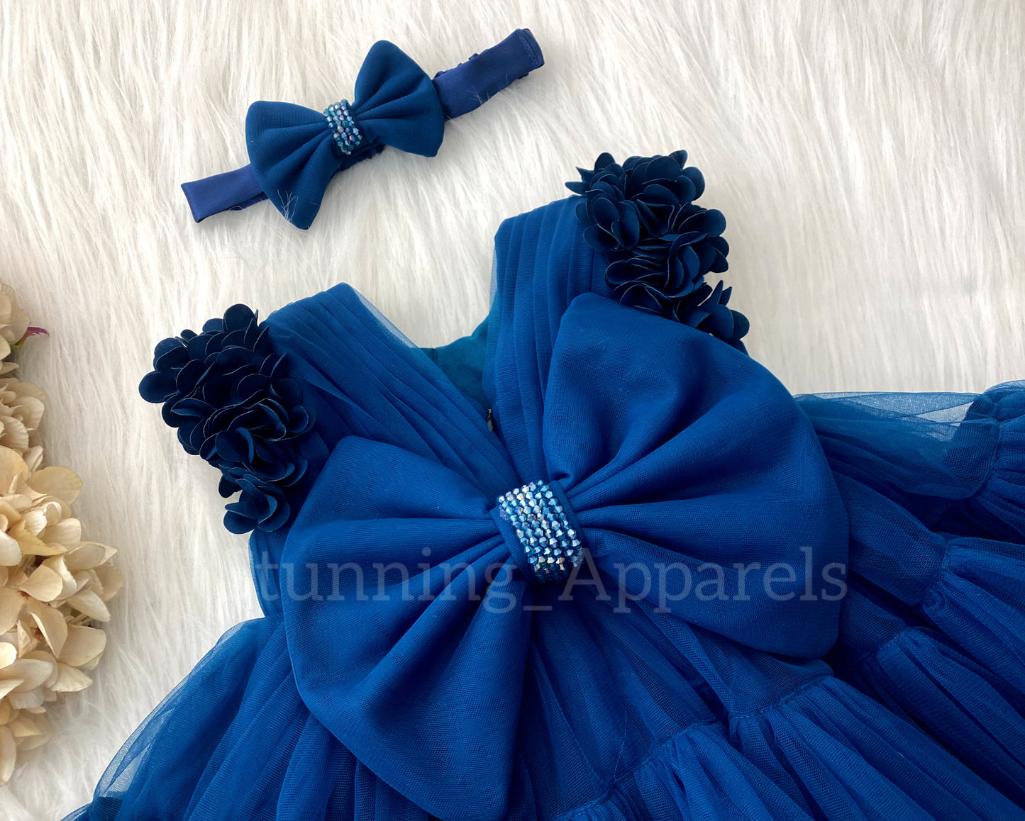 Beautiful Cape Sleeves Flower Work Ruffled Teal Blue Frock