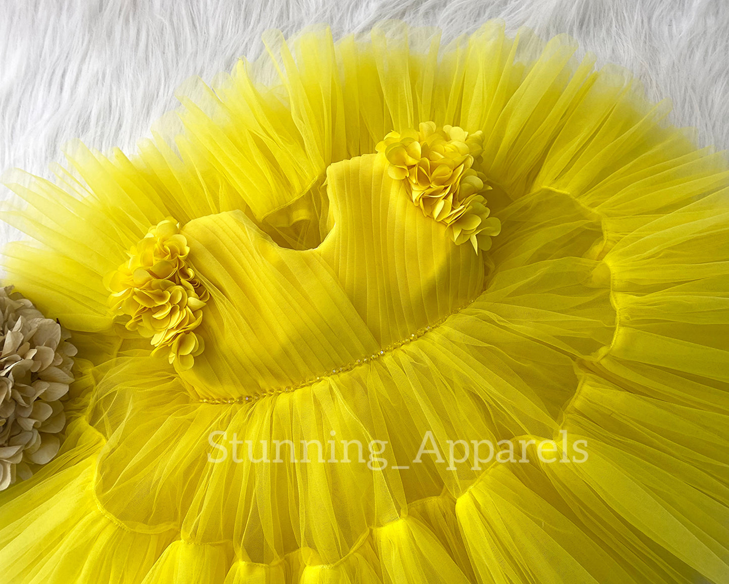 Beautiful Cape Sleeves Flower Work Ruffled Yellow Frock