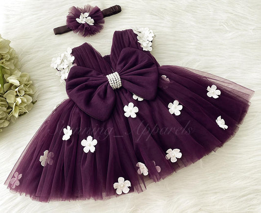 Cute White Flower Work Cape Sleeves Wine Frock