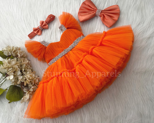 Designer Sweetheart Neckline Hand Work Orange Frock