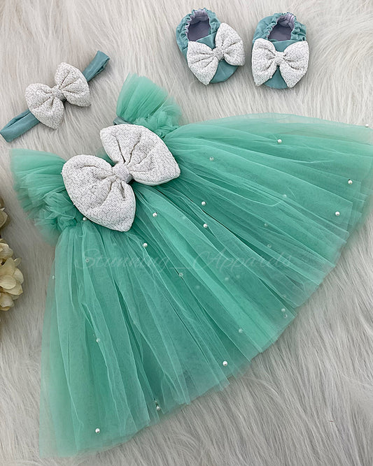 Ruffled Sleeves Strapped  Sequins Bow Party Wear Sea Green Umbrella Dress